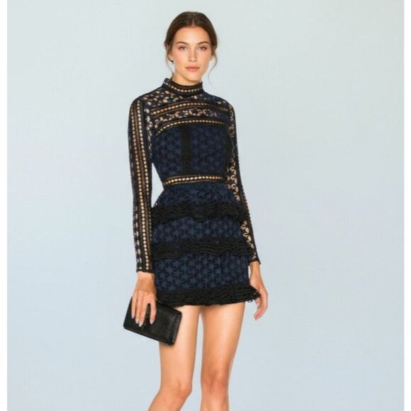 Self Portrait Navy Blue Black High Neck Star Lace Mini Dress - Size XS - Picture 1 of 7